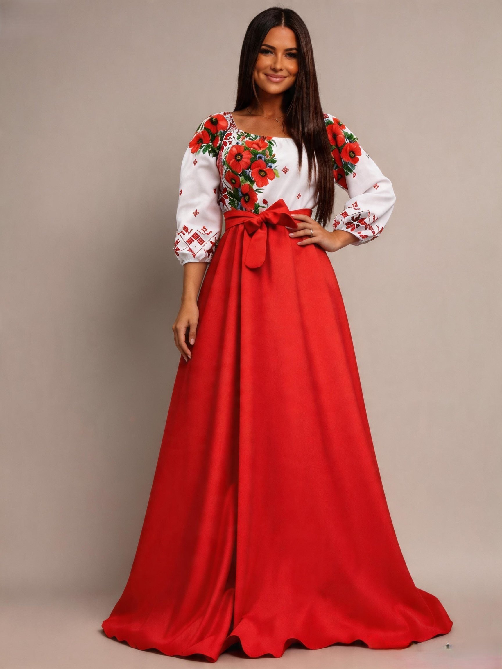 rochie lunga Rochie traditionala lunga din tafta rosie cu maci Anna